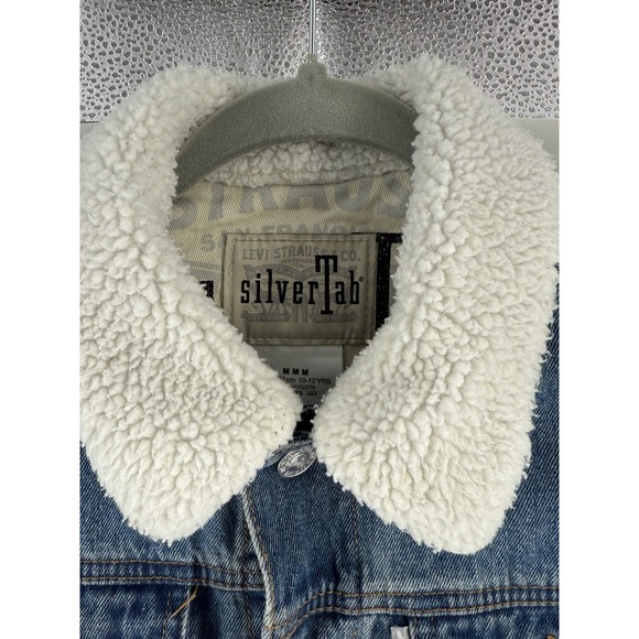VTG Levi's Silver Tab Trucker Jean Jacket Youth 10-12 yrs Denim Sherpa Collar - Picture 2 of 16